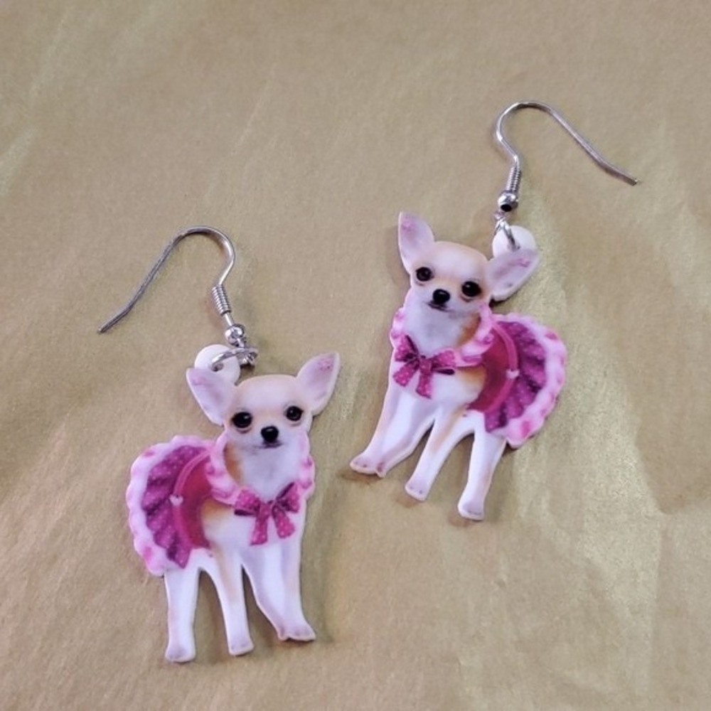 Pink Chihuahua Dog Earrings Cute Pets Dress Lightweight Princess Furbaby